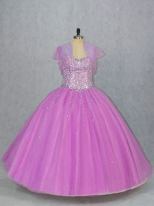 Deluxe Lilac Ball Gowns Sweetheart Sleeveless Tulle Floor Length Lace Up Beading Quinceanera Gowns