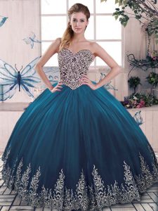 Blue Ball Gowns Tulle Sweetheart Sleeveless Beading and Appliques Floor Length Lace Up Quinceanera Dresses