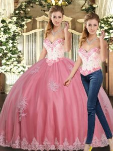 Superior Watermelon Red Sweetheart Neckline Beading and Appliques Quinceanera Gown Sleeveless Lace Up