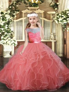 Modern Watermelon Red Sleeveless Lace and Ruffles Floor Length Little Girls Pageant Dress Wholesale