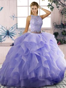 Modern Lavender Sleeveless Beading and Ruffles Zipper Sweet 16 Dresses