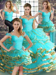 New Arrival Aqua Blue Ball Gowns Off The Shoulder Sleeveless Tulle Floor Length Lace Up Beading and Ruffled Layers Quinceanera Dresses