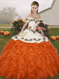 Fashion Orange Red Organza Lace Up Off The Shoulder Sleeveless Floor Length 15 Quinceanera Dress Embroidery and Ruffles