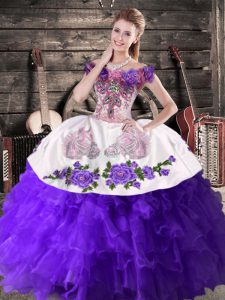 Lovely Purple Sleeveless Floor Length Embroidery and Ruffles Lace Up Quinceanera Gown