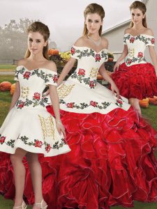 Off The Shoulder Sleeveless Sweet 16 Quinceanera Dress Floor Length Embroidery and Ruffles White And Red Organza