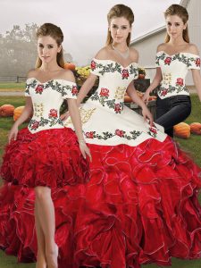 Perfect White And Red Quinceanera Dresses Military Ball and Sweet 16 and Quinceanera with Embroidery and Ruffles Off The Shoulder Sleeveless Lace Up