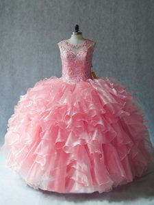 Pink Sleeveless Organza Lace Up Quinceanera Dress for Sweet 16 and Quinceanera