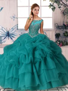 Gorgeous Teal Ball Gowns Beading and Pick Ups Ball Gown Prom Dress Zipper Organza Sleeveless