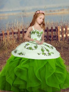 Fancy Floor Length Green Kids Pageant Dress Sleeveless Embroidery and Ruffles