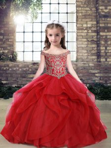 Perfect Red Ball Gowns Tulle Off The Shoulder Sleeveless Beading and Ruffles Floor Length Lace Up Child Pageant Dress