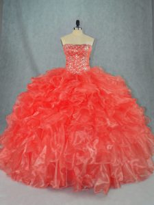 Red Sleeveless Floor Length Beading and Ruffles Lace Up Quince Ball Gowns