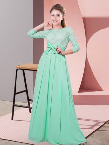 Apple Green Empire Lace and Belt Quinceanera Court of Honor Dress Side Zipper Chiffon 3 4 Length Sleeve Floor Length