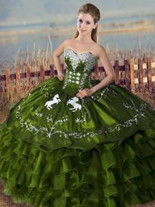 Perfect Ball Gowns 15th Birthday Dress Olive Green Sweetheart Satin Sleeveless Floor Length Lace Up