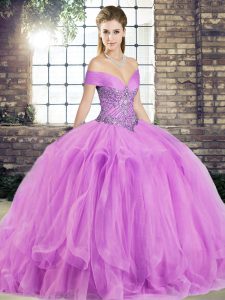 Eye-catching Tulle Off The Shoulder Sleeveless Lace Up Beading and Ruffles 15 Quinceanera Dress in Lilac