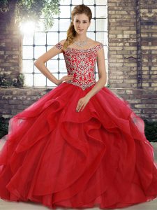 Custom Design Sleeveless Tulle Brush Train Lace Up Quinceanera Dress in Red with Beading and Ruffles