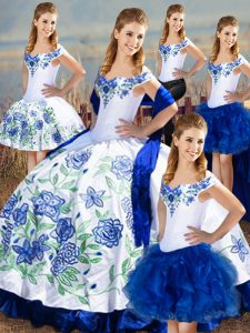 Blue And White Ball Gown Prom Dress Sweet 16 and Quinceanera with Embroidery and Ruffles Off The Shoulder Sleeveless Lace Up