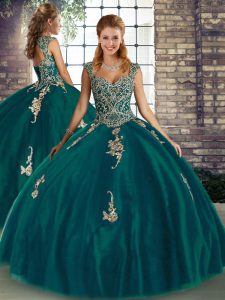 Floor Length Lace Up 15 Quinceanera Dress Peacock Green for Military Ball and Sweet 16 and Quinceanera with Beading and Appliques