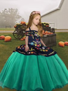 Straps Sleeveless Little Girls Pageant Gowns Floor Length Embroidery Turquoise Organza