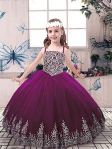 Lovely Eggplant Purple Tulle Lace Up Straps Sleeveless Floor Length Girls Pageant Dresses Beading and Embroidery