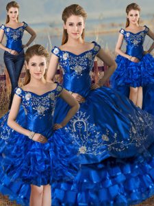 Amazing Floor Length Lace Up Ball Gown Prom Dress Royal Blue for Sweet 16 and Quinceanera with Embroidery and Ruffled Layers