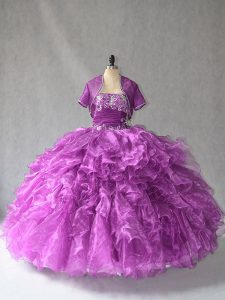 Clearance Purple Strapless Neckline Beading and Ruffles Sweet 16 Dress Sleeveless Lace Up