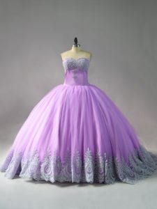 Super Sweetheart Sleeveless Court Train Lace Up 15th Birthday Dress Lilac Tulle