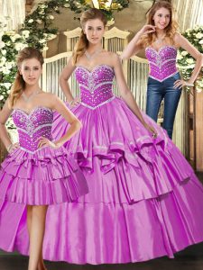 Dazzling Sweetheart Sleeveless Satin 15th Birthday Dress Beading and Ruffled Layers Lace Up