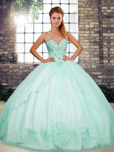 Cute Floor Length Apple Green Quinceanera Gown Tulle Sleeveless Beading and Embroidery