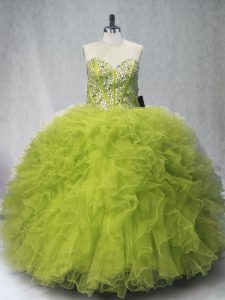 Sleeveless Floor Length Beading and Ruffles Lace Up 15th Birthday Dress with Olive Green