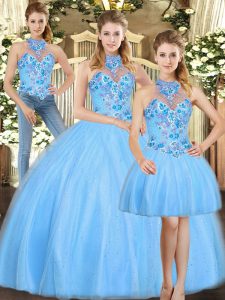 Floor Length Three Pieces Sleeveless Baby Blue Ball Gown Prom Dress Lace Up