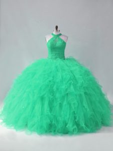 Turquoise Quinceanera Gowns Sweet 16 and Quinceanera with Beading and Ruffles Halter Top Sleeveless Lace Up