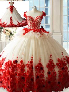 Captivating Sleeveless Brush Train Zipper Hand Made Flower Quince Ball Gowns