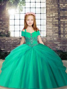 Sleeveless Tulle Floor Length Lace Up Pageant Gowns For Girls in Turquoise with Beading