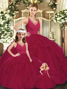 V-neck Sleeveless Lace Up 15 Quinceanera Dress Burgundy Tulle