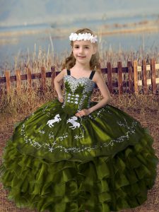 Affordable Floor Length Ball Gowns Sleeveless Olive Green Little Girls Pageant Gowns Lace Up