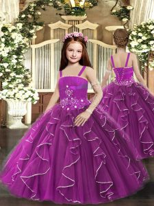 Purple Ball Gowns Tulle Straps Sleeveless Ruffles Floor Length Lace Up Little Girls Pageant Gowns