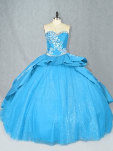 Sleeveless Satin and Tulle Court Train Lace Up Quince Ball Gowns in Baby Blue with Embroidery