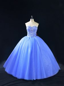 Blue Lace Up Quince Ball Gowns Beading Sleeveless Floor Length