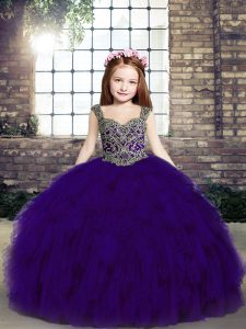 Dramatic Ball Gowns Little Girls Pageant Dress Wholesale Purple Straps Tulle Sleeveless Floor Length Lace Up