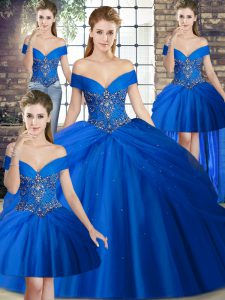 Sexy Royal Blue Off The Shoulder Lace Up Beading and Pick Ups Ball Gown Prom Dress Brush Train Sleeveless