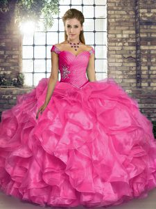 Organza Off The Shoulder Sleeveless Lace Up Beading and Ruffles Quinceanera Gowns in Hot Pink