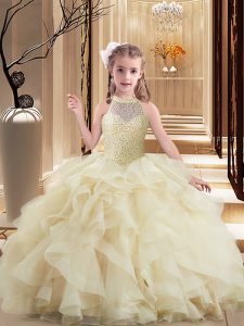 Light Yellow High-neck Neckline Beading and Ruffles Little Girls Pageant Dress Sleeveless Lace Up