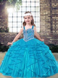 Enchanting Tulle Straps Sleeveless Lace Up Beading and Ruffles Child Pageant Dress in Blue