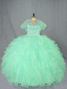 Great Sleeveless Organza Floor Length Lace Up Quinceanera Gowns in Apple Green with Beading and Ruffles