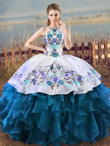 Floor Length Lace Up Quinceanera Gowns Blue And White for Sweet 16 and Quinceanera with Embroidery