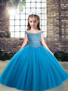 Cute Floor Length Baby Blue Girls Pageant Dresses Off The Shoulder Sleeveless Lace Up