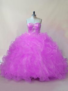 Lilac Lace Up Sweetheart Beading and Ruffles Sweet 16 Dress Organza Sleeveless