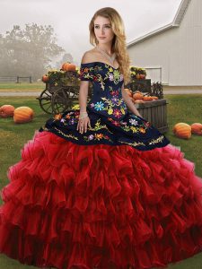 Luxurious Floor Length Ball Gowns Sleeveless Red And Black Quinceanera Dresses Lace Up