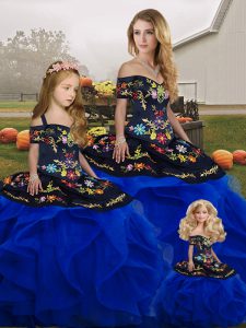 Royal Blue Ball Gowns Embroidery and Ruffles 15th Birthday Dress Lace Up Tulle Sleeveless Floor Length