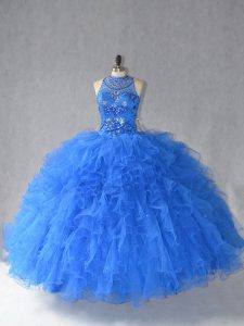 Royal Blue Tulle Lace Up Halter Top Sleeveless Floor Length Vestidos de Quinceanera Beading and Ruffles